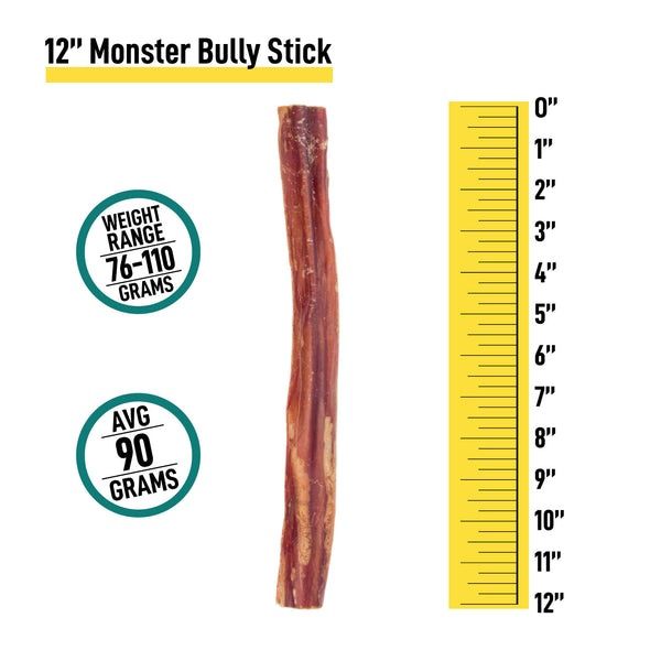 Monster Bully Sticks for Dogs - Thick Size - 12 Inch 3 Count - Best Dog Chews and Treats