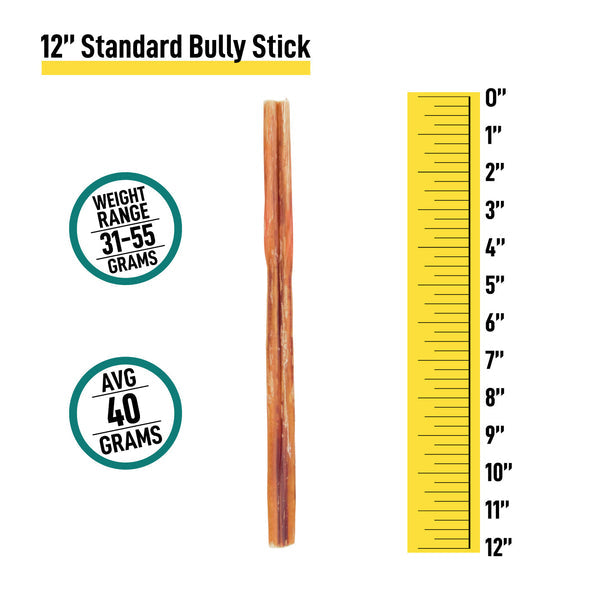 Standard Bully Sticks for Dogs - 12 Inch - 6 and 12 Count - Best Dog Chews and Treats